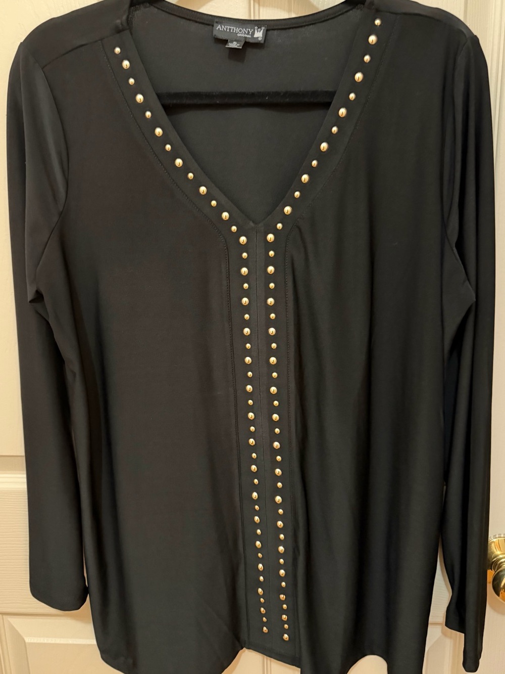 Antthony Black Long-Sleeve V-Neck Top with Gold Studs